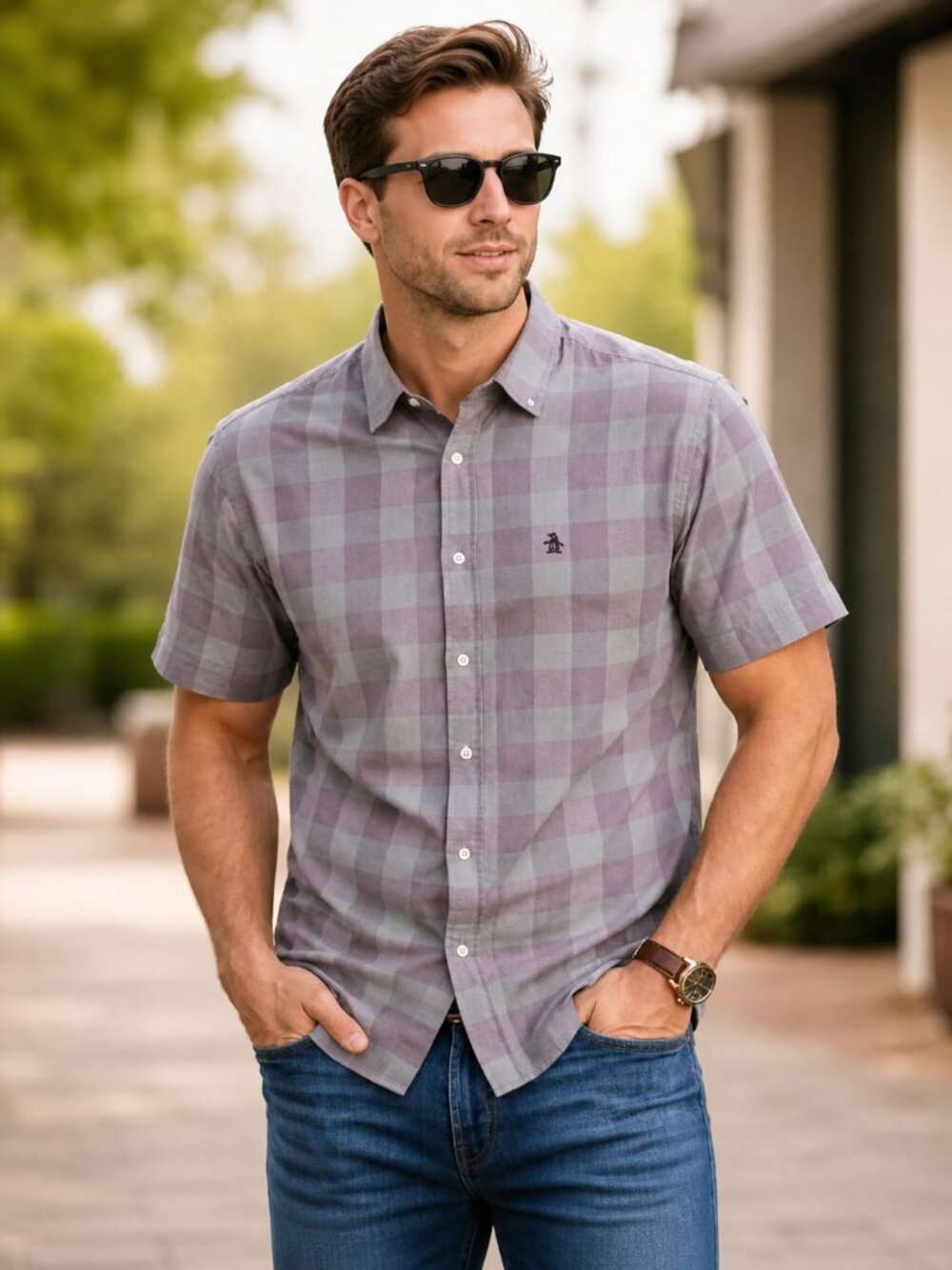 Original Penguin by Munsingwear Plaid Shirt Men’s Large Brown Green Classic Fit